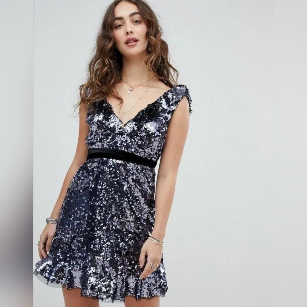 Free People Sequin Metallic Purple Black short dress party cocktail size 6